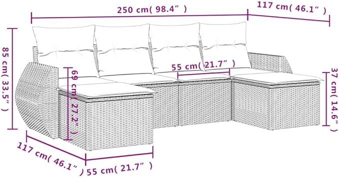 6 Piece Patio Sofa Set with Cushions, Garden Lounge Set Outdoor Dining Sets Patio Conversation Set Sectional Sofa for Garden Poolside Piazza Exhibition Black Poly Rattan