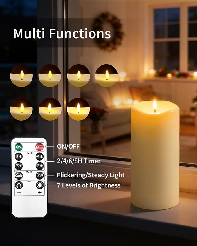 10" x 5" Large Outdoor Candles with Timer Waterproof Flickering LED Flameless Candle Battery Operated with Remote Fake Pillar Candle Realistic for Patio Porch Lantern (Ivory)