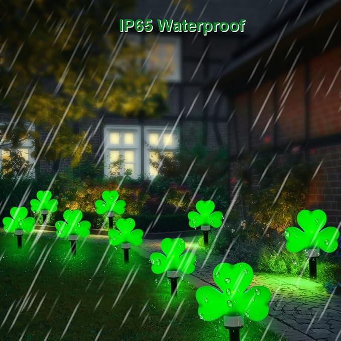 St Patricks Day Decorations Solar Garden Lights Outdoor Waterproof 8 Pack Green Shamrock Three Leaf Lucky Clover Solar Stake Lights 8 Modes for Yard Pathway Party Outside Irish St. Patrick's Day Decor