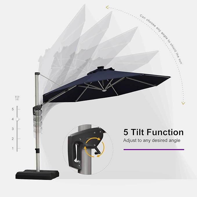 PURPLE LEAF Cantilever Umbrella with base 11ft Outdoor Round Patio Solar Powered LED Umbrella with 360-degree Rotation for Garden Deck Pool Patio, Navy Blue