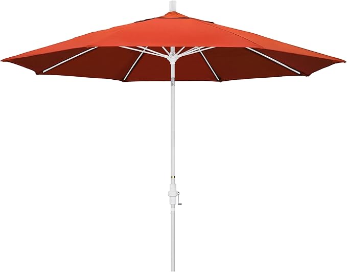 California Umbrella 11Ft Fiberglass Rib Patio Umbrella, Hand-Crank, Tilt-Collar, White Frame, Solution Dyed Sunset Fabric