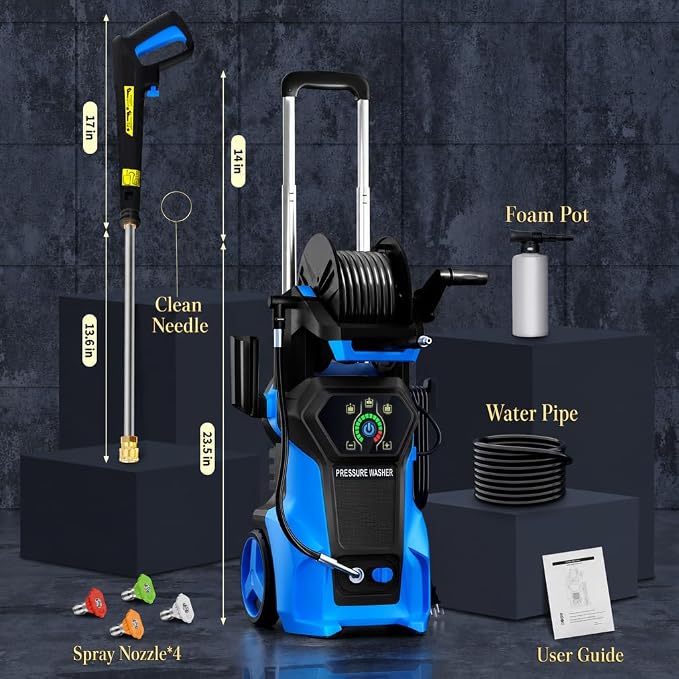 𝟓𝟎𝟎𝟎𝐏𝐒𝐈 𝐏𝐫𝐞𝐬𝐬𝐮𝐫𝐞 𝐖𝐚𝐬𝐡𝐞𝐫 Cleaner, Portable Car Washer with 4 Quick Connect Nozzles, Foam Cannon (Blue)