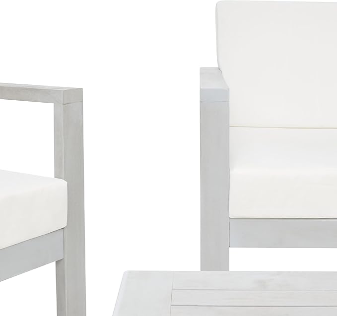 SAFAVIEH Outdoor Collection Emiko Grey/Beige Cushion Solid Wood 4-Piece Conversation Patio Set