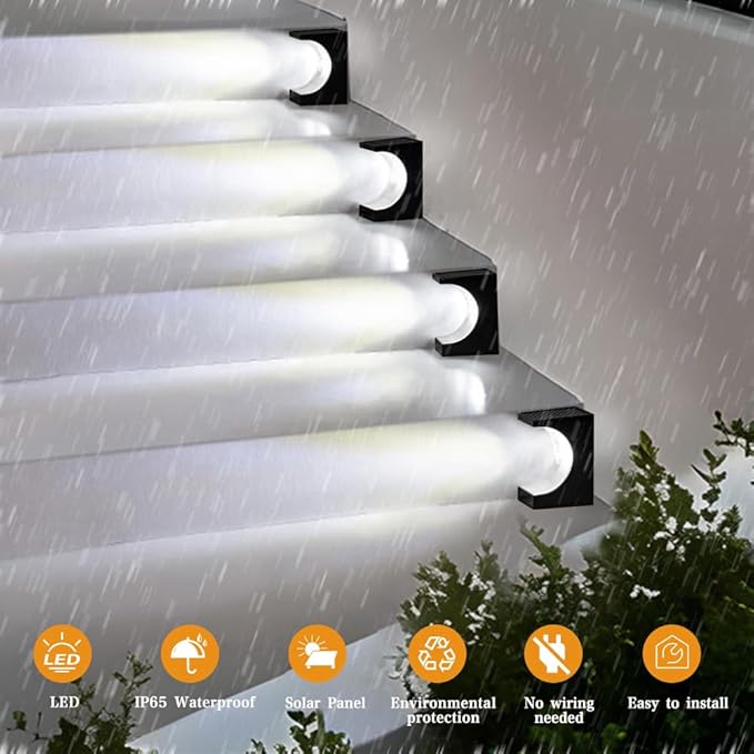 Upgraded Wireless Solar Step Lights. 5X Longer Life Than Ordinary. Strong 3M Adhesive + Screws. IP65 Waterproof for Stairs/Decks/patios. Reliable Performance(White Light 8Pack)
