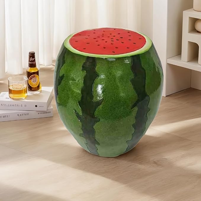 13.4" Watermelon Fruit Stool Side Table, Resin Multi-Purpose Garden Stool & Plant Stand, Indoor Outdoor Fruit End Table for Patio, Porch, Home Decor, Housewarming Gift