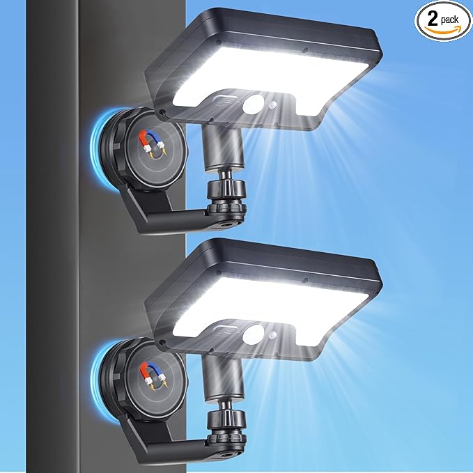 Magnetic Solar Lights Outdoor with Motion Sensor, 92LEDs 600 LM Bright Solar Fence Lights, IP65 Waterproof Security Lights with Strong Magnets for Deck, Patio, RV, Camper (2Pack)