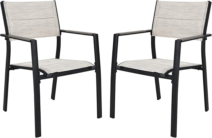 2-Piece Patio Stackable Dining Chairs, Never-Rust Aluminum Outdoor Stackable Patio Chairs, Outdoor Dining Chair Set of 2 with Double-Layer Thickened Textilene for Deck, Garden, Pool, Limed Oak