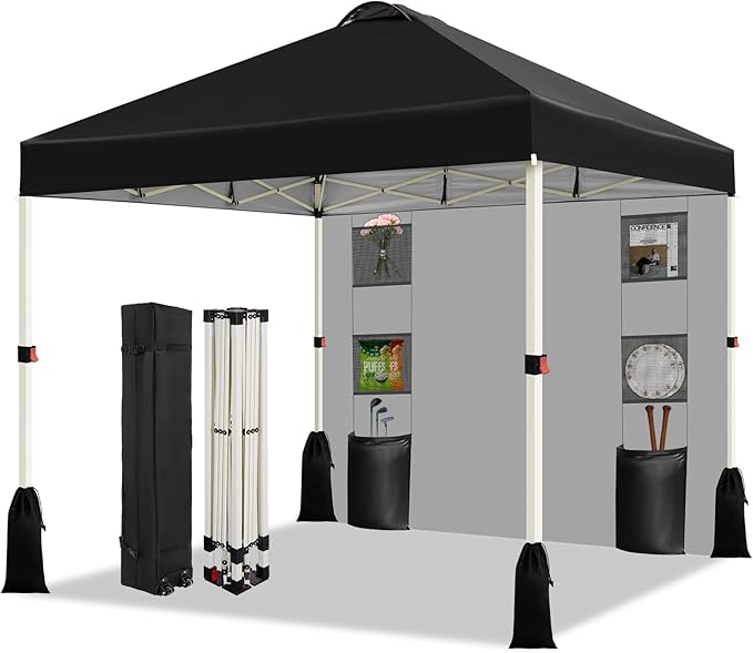 WEIZE 10x10 Pop Up Canopy Tent, 1-Button Push Setup Canopy Tent with 1 Sidewall, Adjustable Height Instant Portable Shelter,Portable Roller Bag, Easy Outdoor Sun Shade for Events,4 Weight Bags,Black