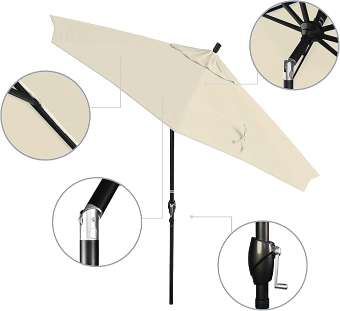 California Umbrella 9' Round Aluminum Market Umbrella, Crank Lift, Push Button Tilt, Black Pole, Pacifica