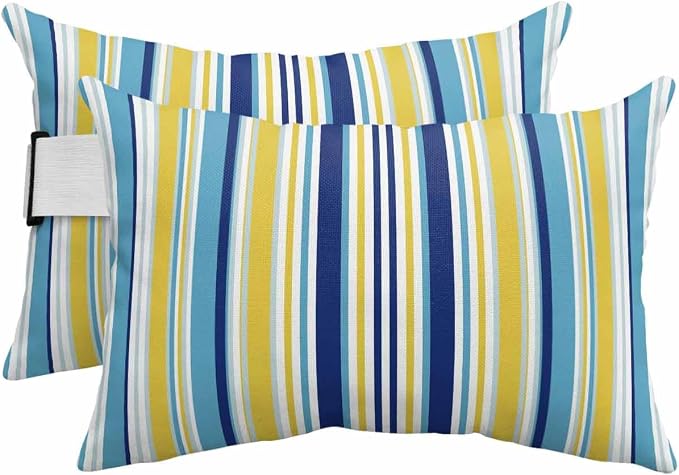 Outdoor Pillows Covers with Inserts Aqua Navy Blue and Yellow Colorful Texture Waterproof Recliner Pillow with Adjustable Strap Throw Pillows for Patio Furniture Pool Lounge Chair, 12x20 inch, 2PCS
