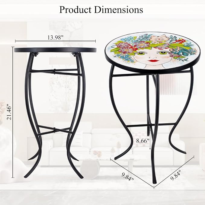 Mosaic Outdoor Side Table Small Round Patio Table Plant Stand | 21" Accent End Table with 14" Ceramic Tile Top for Small Spaces Porch Pool Garden Decor Indoor Living Room Bedroom Balcony