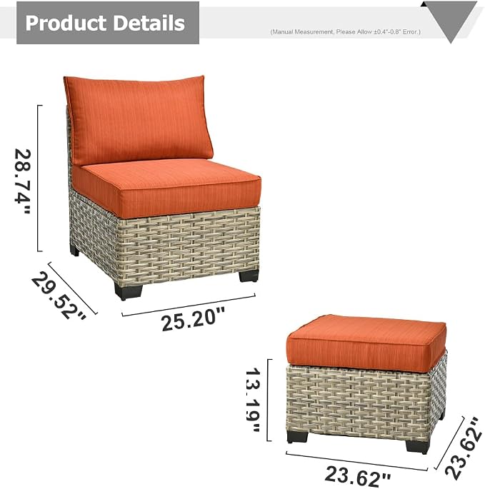 HOOOWOOO Outdoor Sectional Patio Furniture Set,3 Pieces Set with 1 Armless Wicker Chair and 2 Ottomans,Extra Deep Out Door Sofa Outside Furniture,Brick Red