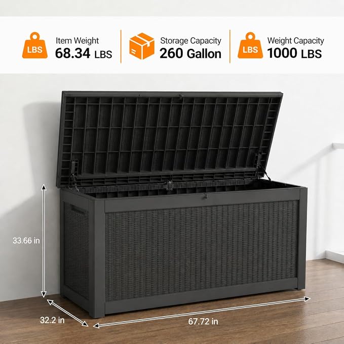 LAUSAINT HOME 260 Gallon XXXL Outdoor Deck Box, Waterproof Resin Storage Box Bench with Lock, Large Patio Cushion Storage, Garden Tool Organizer, Pool Storage Container, 3-Person Seat, Black