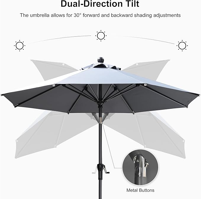 PURPLE LEAF 8' Round Patio Market Umbrella with Base Outdoor Table Umbrellas Aluminum Frame Sun Shade with 8 Sturdy Ribs Tilt for Garden Deck Lawn Pool Light Gray