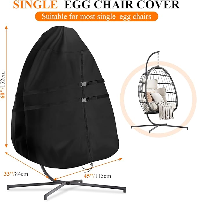 Egg Chair Cover Waterproof, 60x45 Inch Windproof Single Seat Wicker Swing Hanging Egg Chair Cover,420D Heavy Duty &Weather Resistant, Anti-UV, Dustproof, Black