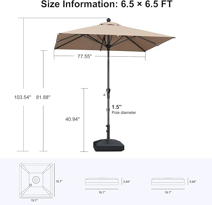 PURPLE LEAF 6.5' x 6.5' Square Patio Market Umbrella with Base Outdoor Table Umbrellas Aluminum Frame Sun Shade with 8 Sturdy Ribs Tilt for Garden Deck Lawn Pool Taupe