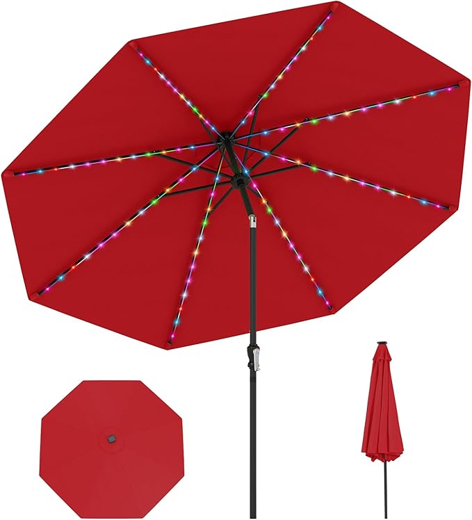 Tangkula 10 FT Solar Patio Umbrella, Outdoor Market Table Umbrella with 96 Multi-Colored Flowing LED Lights, 9 Modes, Tilt Adjustment, Crank Handle, 8 Ribs, Vented Top for Backyard Poolside Deck Lawn