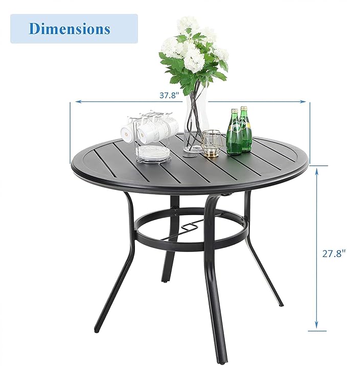 MFSTUDIO 38" Outdoor Dining Table with Adjustable mbrella Hole, Patio Metal All-Weather Round Table for Backyard Lawn Garden
