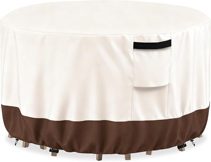 Outdoor Round Table Cover Waterproof Patio Furniture Covers,Patio Round Table Chair Set Covers - 42" Dia x 34" H (Beige & Brown)