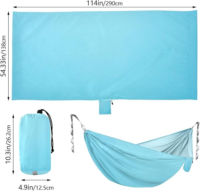 Sky Blue Solid Color Camping Hammock, Portable Lightweight Single Hammock with Tree Straps and Aluminum Carabiners, 114" x 54" Travel Hammock for Hiking Backpacking Beach