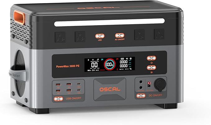OSCAL 3600W Portable Power Station, 2016Wh LiFePO4 Battery, 3600W(Peak 7200W) Solar Generator, 90 Min Fast Charge, 14 Ports, LED Light, Home Backup, RV, Camping & Outdoor, Optional Solar Panel
