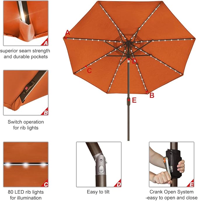 EliteShade USA 10-Year-Non-Fading 9ft Market Patio Umbrella, Commercial Grade Table Sun Umbrella with 80 Solar LED Lights, Crank Open, Windproof & UPF 50+ UV Protection for Garden, Deck, Pool, Backyard, Rust