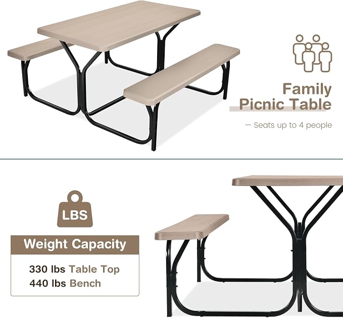 Tangkula Picnic Table Bench Set, Outdoor Picnic Table with 2 Benches, Metal Camping Table with Plastic Wood-Like Texture Tabletop & Steel Frame, Ideal for Picnic, Party, Garden, Lawn (Brown)