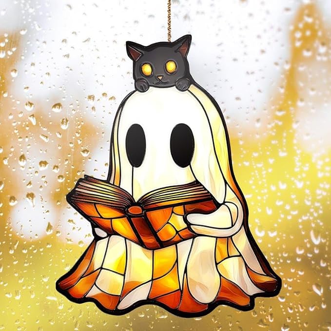 Reading Ghost Acrylic Suncatcher, Bookish Suncatchers for Window Hanging Ornament, Art Garden Decor for Book Lover Reader Bookworm, Gifts for Mother's Day, Mom, Grandma, Wife, Women, Nana