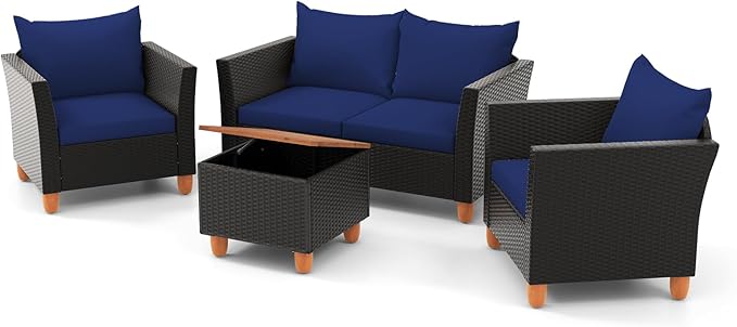 Tangkula 4 Piece Outdoor Conversation Set, Patio Cushioned Chairs w/Storage Coffee Table, Acacia Wood Tabletop & Chair Legs, Patio Wicker Furniture Set for Poolside, Lawn, Porch (1, Navy)