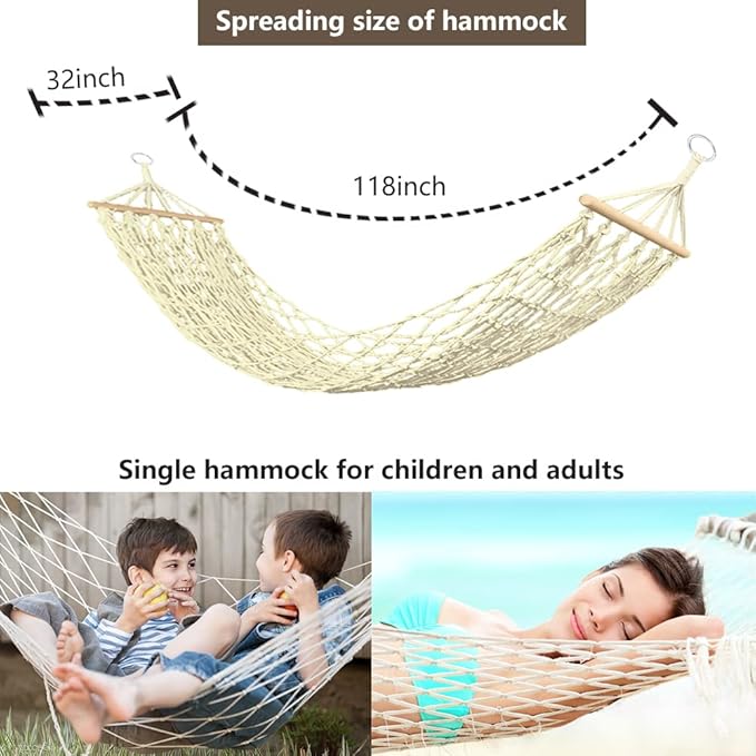 Cotton Rope Hammocks with Wood Spreader,Traditional Hand Woven Children Hammock for Outdoor, Indoor,Patio, Backyard,Accommodates One Person with a Weight Capacity of 220 lbs.