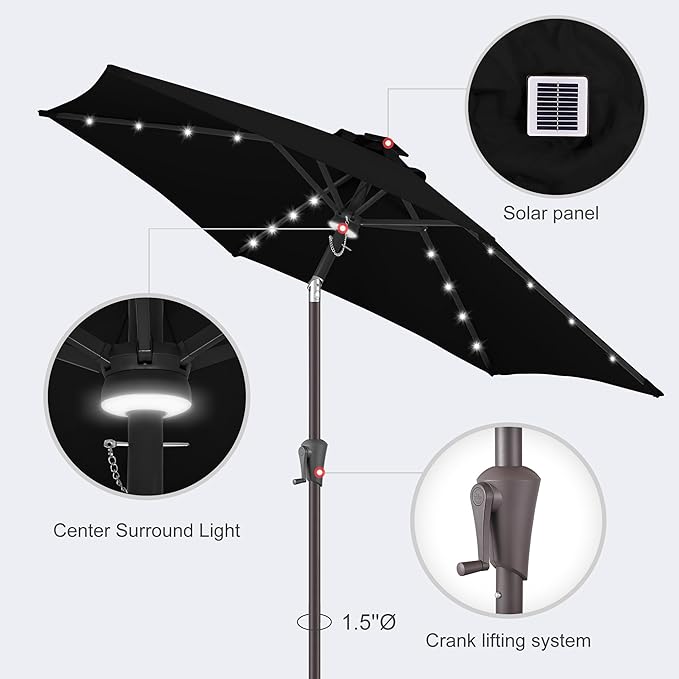 Jarka&Co 7.5ft Solar Patio Umbrella - Lighted Solar Outdoor Umbrella with 24 LED Lights Waterprool UV Protection, Market Table Umbrella with Tilt for Backyard, Garden, Pool, Porch (Black)