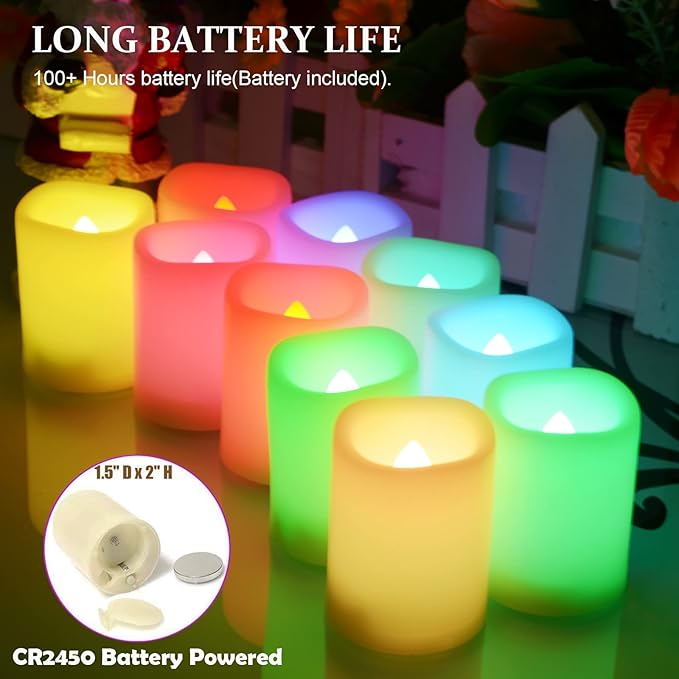 Multi Color Changing Votive Flameless Candles with Remote and Timer - Battery Operated Led Tea Light Candles，Set of 10 Colored Flickering Candles for Birthday, Wedding, Anniversary Easter Party Décor.