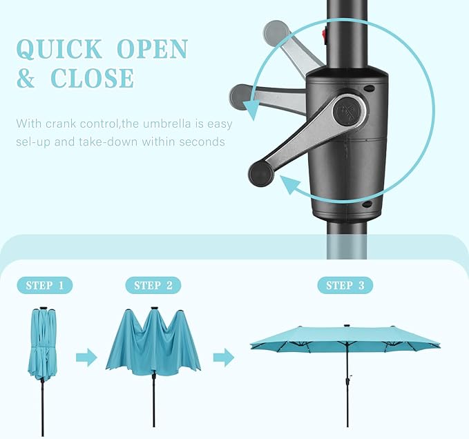 13 ft Patio Umbrella with 36 LED Lights, Large Rectangle Outdoor Solar Umbrella with Strap, Crank, Blue
