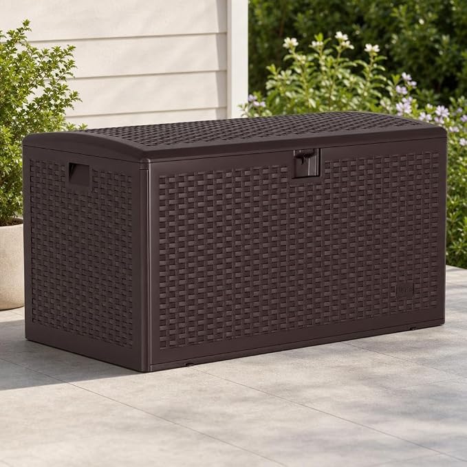 73 Gallon Lockable Outdoor Storage Bench Box, Waterproof & UV Resistant Patio Deck Container for Cushions, Pool Supplies & Yard Toys