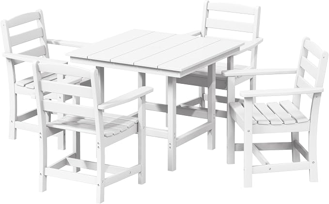Costaelm Palms 5-Piece HDPE Outdoor Square Patio Dining Table Set with Armchairs, White
