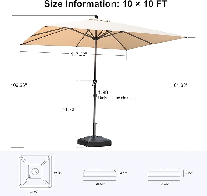 PURPLE LEAF 10' x 10' Square Patio Market Umbrella with Base Outdoor Table Umbrellas Aluminum Frame Sun Shade with 8 Sturdy Ribs for Garden Deck Lawn Pool Beige