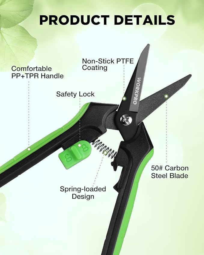 WORKPRO 6-Inch Garden Pruning Shears, Sharp High-Carbon Steel Harvest Snips with Nonstick Teflon Coating, Spring-Loaded Gardening Scissors with Safety Lock, for Flower, Fruit & Vegetable Picking
