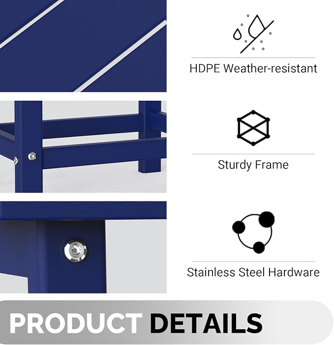 VINGLI Outdoor Patio Side Table, Plastic Waterproof HDPE Adirondack Coffee End Tables, All Weather for Patio, Backyard, Pool, Indoor Use (Navy Blue)