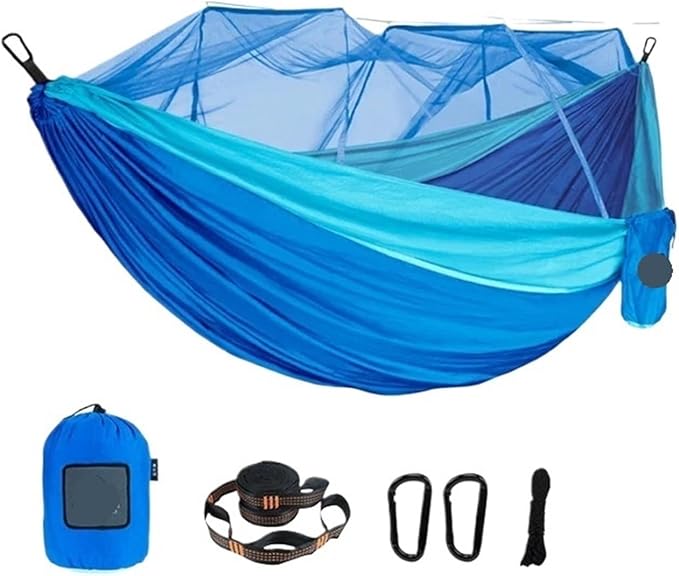 Single and Double Size Nylon Fabric Portable Travel Outdoor Camping Hanging Sleeping Hammock with Mosquito Net(Single Blue 2)