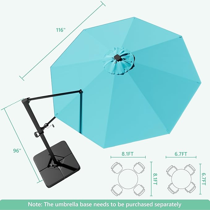 Greesum 10FT Outdoor Patio Umbrella with High Pedel and 4 Gear Heights, Large Offset Umbrella with Solar LED Lights and 360-degree Rotation, Without Base, Hanging Outdoor Shade for Garden, Light Blue