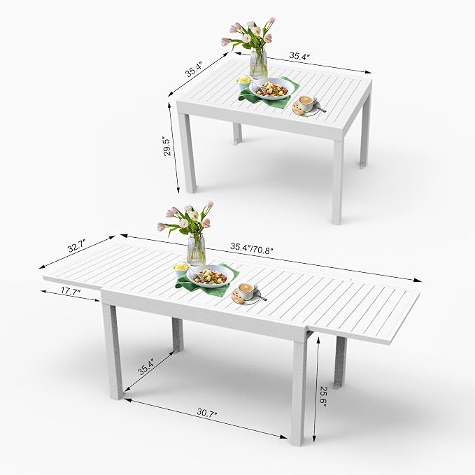 Aluminum Patio Extendable Dining Table 35" 71", Adjustable Indoor Outdoor Patio Dining Table with E Coating for 4 6 Person GLawn Porch Furniture, Elegant Ivory White