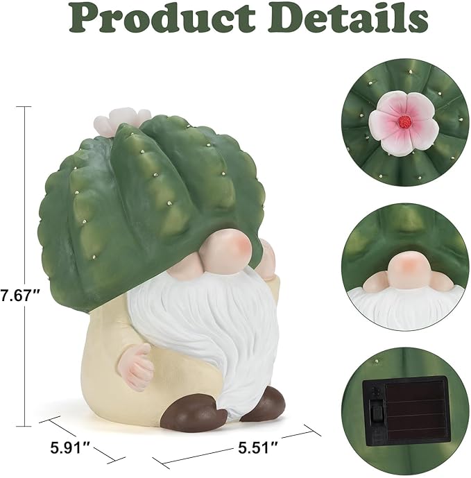 Etlemonde Solar Cactus Gnome Statue Garden Decor Light - Outdoor Decorative LED Flower, Suitable for Patio, Lawnand Garden Decorations, Gifts for Mom