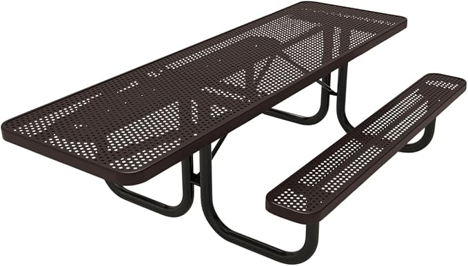 COATEDOUTDOORFURNITURE Heavy-Duty Portable ADA-Compliant Outdoor Picnic Table, Punched Steel Patio Dining Furniture Made in America (8ft Rectangular, One-Side Handicap, Brown)
