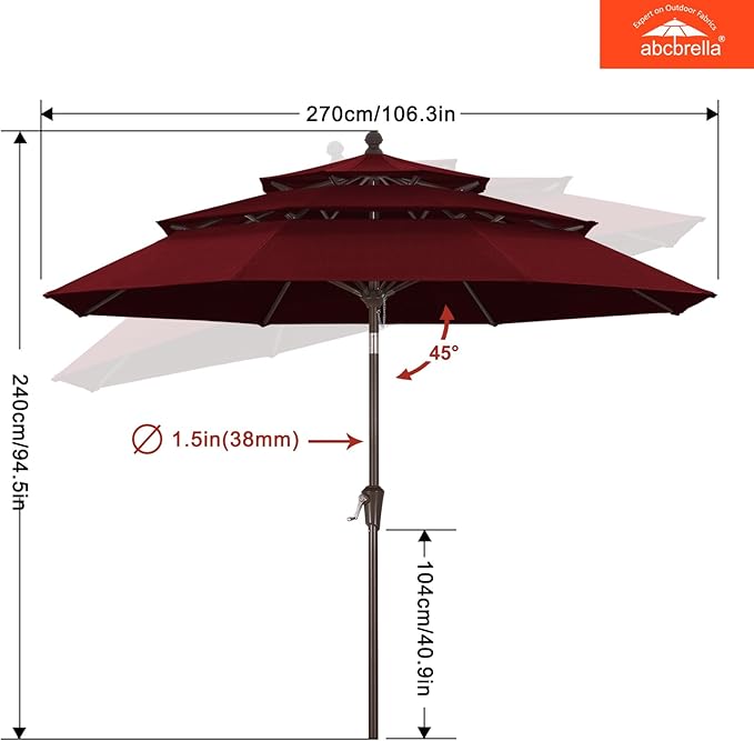 ABCCANOPY 5-Year 10-Year No Fading 9FT 3 Tiers Patio Umbrella, Outdoor Table Umbrella with 8 Sturdy Ribs for Deck, Backyard, Garden, Yard