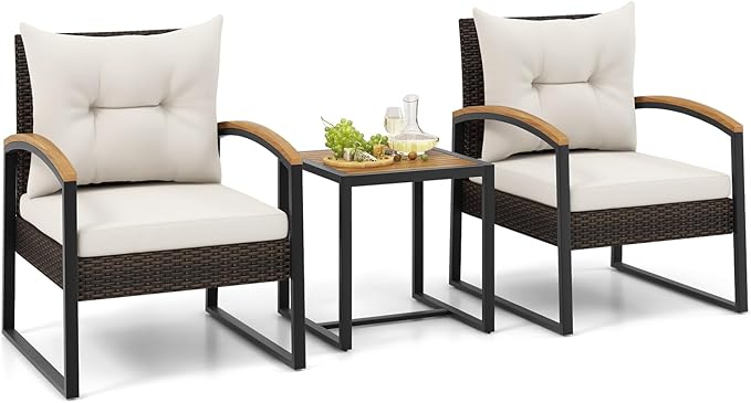 Tangkula 3 Piece Patio Conversation Set, Includes 2 Rattan Chairs and Coffee Table, Solid Acacia Wood Armrests & Tabletop, Outdoor Cushioned Wicker Furniture Set for Backyard, Poolside, Lawn, Garden