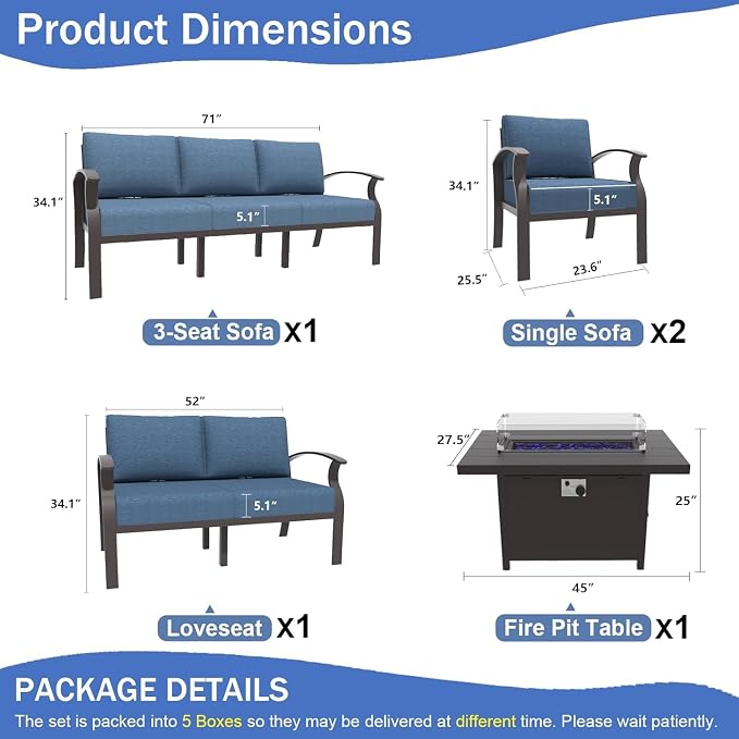Kullavik Aluminum Patio Furniture Set,5 Piece Modern Metal Outdoor Patio Furniture w/5.1'' Thick Cushion and 45" Propane Fire Pit Table,Patio Conversation Sets for Porch,Deck,NavyBlue