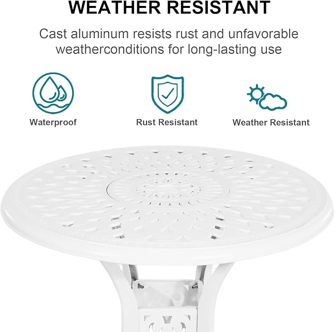 3 Piece Outdoor Dining Set,Cast Aluminum Bistro Set with Umbrella Hole, All Weather Patio Furniture Set, Small Patio Dining Set for Garden/Balcony/Deck, White