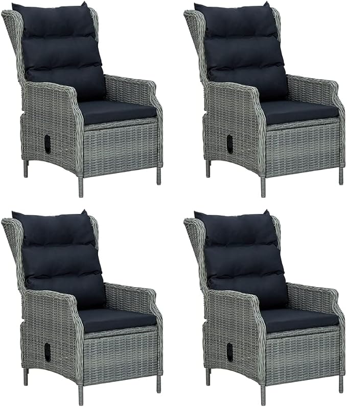5 Piece Patio Dining Set Light Gray Poly Rattan with Adjustable Reclining Chairs, Outdoor Garden Dining Table and 4 Chairs with Thick Cushions for Backyard Poolside Lawn
