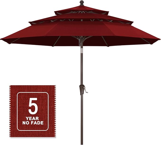 MASTERCANOPY 9ft 3-Tier Olefin Patio Umbrella with Tilt Crank, 5-Year-Non-Fading Canopy & 8 Fiberglass Ribs for Deck, Patio, and Garden, Burgundy