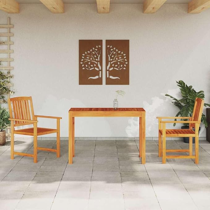 Garden Dining Set 3 pcs Brown Solid Acacia Wood Modern Outdoor Patio Table and Chairs Bistro Set 43"x22"x30" for Backyard Balcony Small Spaces